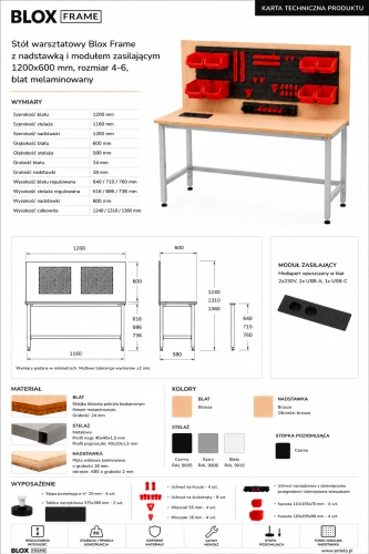 Stół warsztatowy Blox Frame z nadstawką i modułem zasilającym 1200x600 mm, rozmiar 4-6, blat melaminowany - Karta techniczna.png
