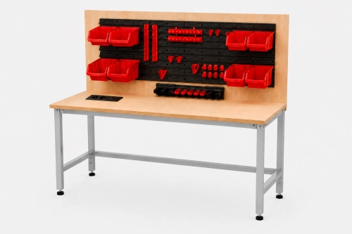 Stół warsztatowy z nadstawką i modułem zasilającym 1200x600 mm, stelaż RAL9006, blat brzoza - perspektywa.png