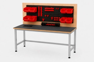 Stół warsztatowy Blox Frame z nadstawką i modułem zasilającym 1200 x 600 mm, rozmiar 4-6, blat pokryty tworzywem polipropylenowy, stelaż szary