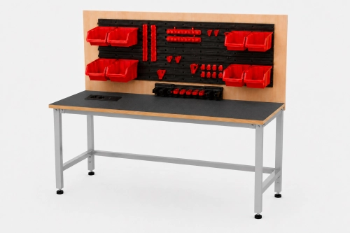 Stół warsztatowy z nadstawką i modułem zasilającym 1200x600 mm, stelaż RAL9006, blat antracyt - perspektywa.png