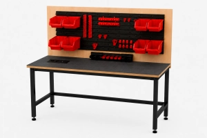 Stół warsztatowy Blox Frame z nadstawką i modułem zasilającym 1200 x 600 mm, rozmiar 4-6, blat pokryty tworzywem polipropylenowy, stelaż czarny