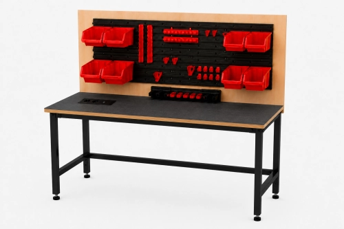 Stół warsztatowy z nadstawką i modułem zasilającym 1200x600 mm, stelaż RAL9005, blat antracyt - perspektywa.png