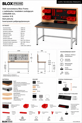 Stół warsztatowy Blox Frame z nadstawką i modułem zasilającym 1200x600 mm, rozmiar 4-6, blat pokryty tworzywem polipropylenowym - Karta techniczna.png