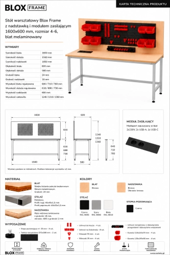 Stół warsztatowy Blox Frame z nadstawką i modułem zasilającym 1600x600 mm, rozmiar 4-6, blat melaminowany - Karta techniczna.png