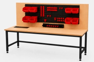 Stół warsztatowy Blox Frame z nadstawką 1600 x 600 mm, z modułem zasilającym, rozmiar 4-6, blat melaminowany, stelaż czarny
