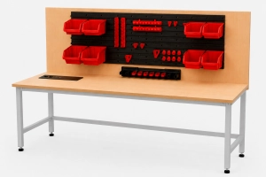 Stół warsztatowy Blox Frame z nadstawką 1600 x 600 mm, z modułem zasilającym, rozmiar 4-6, blat melaminowany, stelaż szary