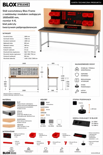 Stół warsztatowy Blox Frame z nadstawką i modułem zasilającym 1600x600 mm, rozmiar 4-6, blat pokryty tworzywem polipropylenowym - Karta techniczna.png