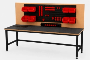 Stół warsztatowy Blox Frame z nadstawką i modułem zasilającym 1600 x 600 mm, rozmiar 4-6, blat pokryty tworzywem polipropylenowym, stelaż czarny