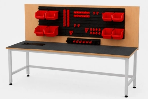 Stół warsztatowy Blox Frame z nadstawką i modułem zasilającym 1600 x 600 mm, rozmiar 4-6, blat pokryty tworzywem polipropylenowym, stelaż szary