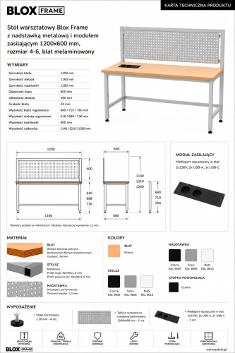 Stół warsztatowy Blox Frame z nadstawką metalową i modułem zasilającym 1200x600 mm, rozmiar 4-6, blat melaminowany - Karta techniczna.png