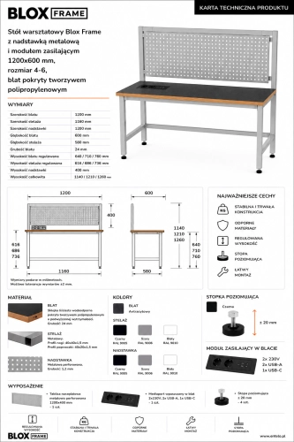 Stół warsztatowy Blox Frame z nadstawką metalową i modułem zasilającym 1200x600 mm, rozmiar 4-6, blat pokryty tworzywem polipropylenowym - Karta techniczna.png