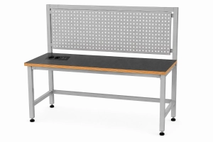 Stół warsztatowy Blox Frame z nadstawką metalową i modułem zasilającym 1200 x 600 mm, rozmiar 4-6, blat pokryty tworzywem polipropylenowym, stelaż szary