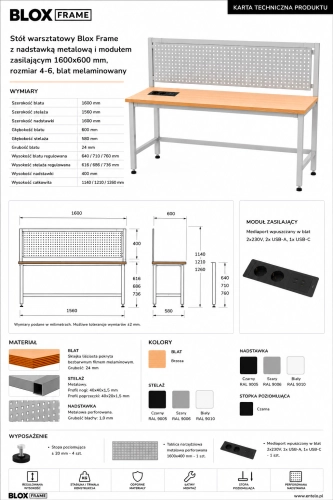 Stół warsztatowy Blox Frame z nadstawką metalową i modułem zasilającym 1600x600 mm, rozmiar 4-6, blat melaminowany - Karta techniczna.png