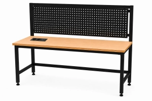 Stół warsztatowy Blox Frame z nadstawką metalową i modułem zasilającym 1600 x 600 mm, rozmiar 4-6, blat melaminowany, stelaż czarny