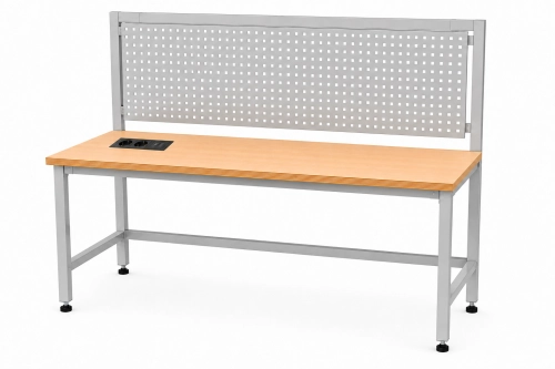 Stół warsztatowy z nadstawką metalową i modułem zasilającym 1600x600 mm, stelaż RAL9006, blat brzoza - perspektywa.png