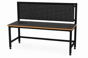 Stół warsztatowy Blox Frame z nadstawką metalową i modułem zasilającym 1600 x 600 mm, rozmiar 4-6, blat pokryty tworzywem polipropylenowym, stelaż czarny