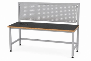 Stół warsztatowy Blox Frame z nadstawką metalową i modułem zasilającym 1600 x 600 mm, rozmiar 4-6, blat pokryty tworzywem polipropylenowym, stelaż szary