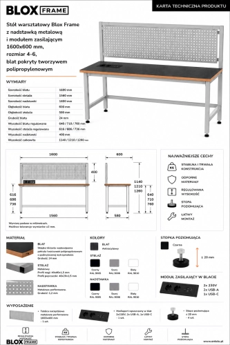 Stół warsztatowy Blox Frame z nadstawką metalową i modułem zasilającym 1600x600 mm, rozmiar 4-6, blat pokryty tworzywem polipropylenowym - Karta techniczna.png