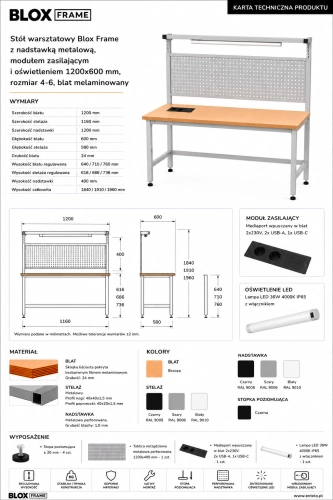 Stół warsztatowy Blox Frame z nadstawką metalową, modułem zasilającym i oświetleniem 1200x600 mm, rozmiar 4-6, blat melaminowany - Karta techniczna.png