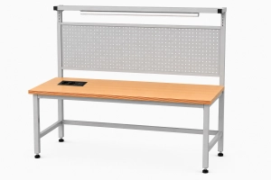Stół warsztatowy Blox Frame z nadstawką metalową, modułem zasilającym i oświetleniem 1200 x 600 mm, rozmiar 4-6, blat melaminowany, stelaż szary