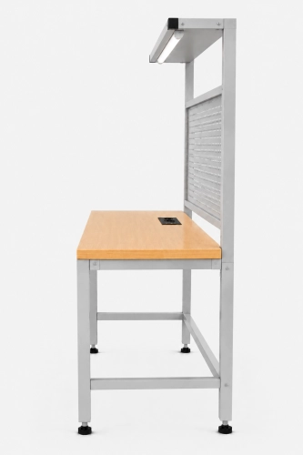 Stół warsztatowy z nadstawką metalową, modułem zasilającym i oświetleniem 1600x600 mm, RAL9006, blat brzoza - bok.png