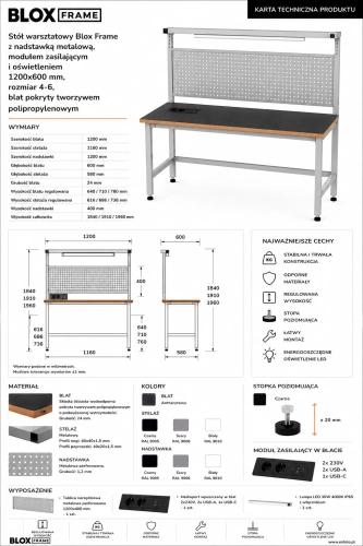 Stół warsztatowy Blox Frame z nadstawką metalową, modułem zasilającym i oświetleniem 1200x600 mm, rozmiar 4-6, blat pokryty tworzywem polipropylenowym - Karta techniczna.png