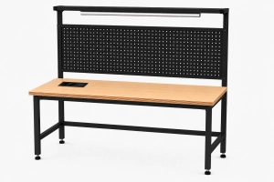 Stół warsztatowy Blox Frame z nadstawką metalową, modułem zasilającym i oświetleniem 1600 x 600 mm, rozmiar 4-6, blat melaminowany, stelaż czarny