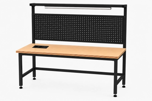 Stół warsztatowy z nadstawką metalową, modułem zasilającym i oświetleniem 1600x600 mm, RAL9005, blat brzoza - perspektywa.png