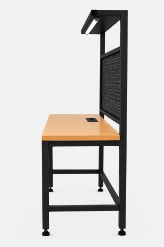 Stół warsztatowy z nadstawką metalową, modułem zasilającym i oświetleniem 1600x600 mm, RAL9005, blat brzoza - bok.png