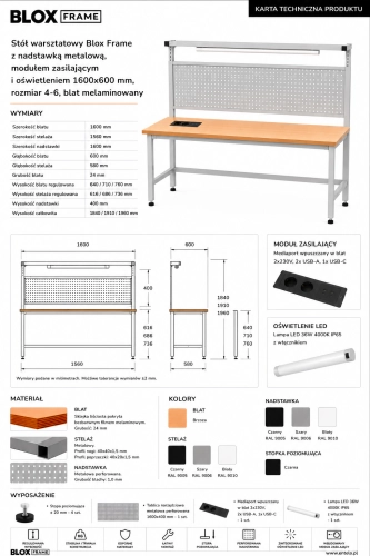 Stół warsztatowy Blox Frame z nadstawką metalową, modułem zasilającym i oświetleniem 1600x600 mm, rozmiar 4-6, blat melaminowany - Karta techniczna.png