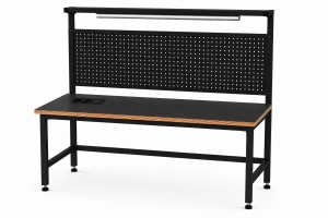 Stół warsztatowy Blox Frame z nadstawką metalową, modułem zasilającym i oświetleniem 1600 x 600 mm, rozmiar 4-6, blat pokryty tworzywem polipropylenowym, stelaż czarny
