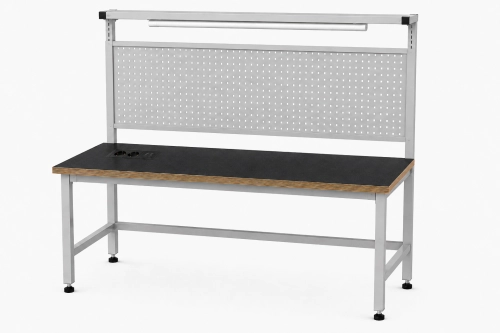 Stół warsztatowy z nadstawką metalową, modułem zasilającym i oświetleniem 1600x600 mm, RAL9006, blat antracyt - perspektywa.png