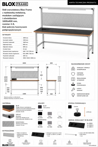 Stół warsztatowy Blox Frame z nadstawką metalową, modułem zasilającym i oświetleniem 1600x600 mm, rozmiar 4-6, blat pokryty tworzywem polipropylenowym - Karta techniczna.png